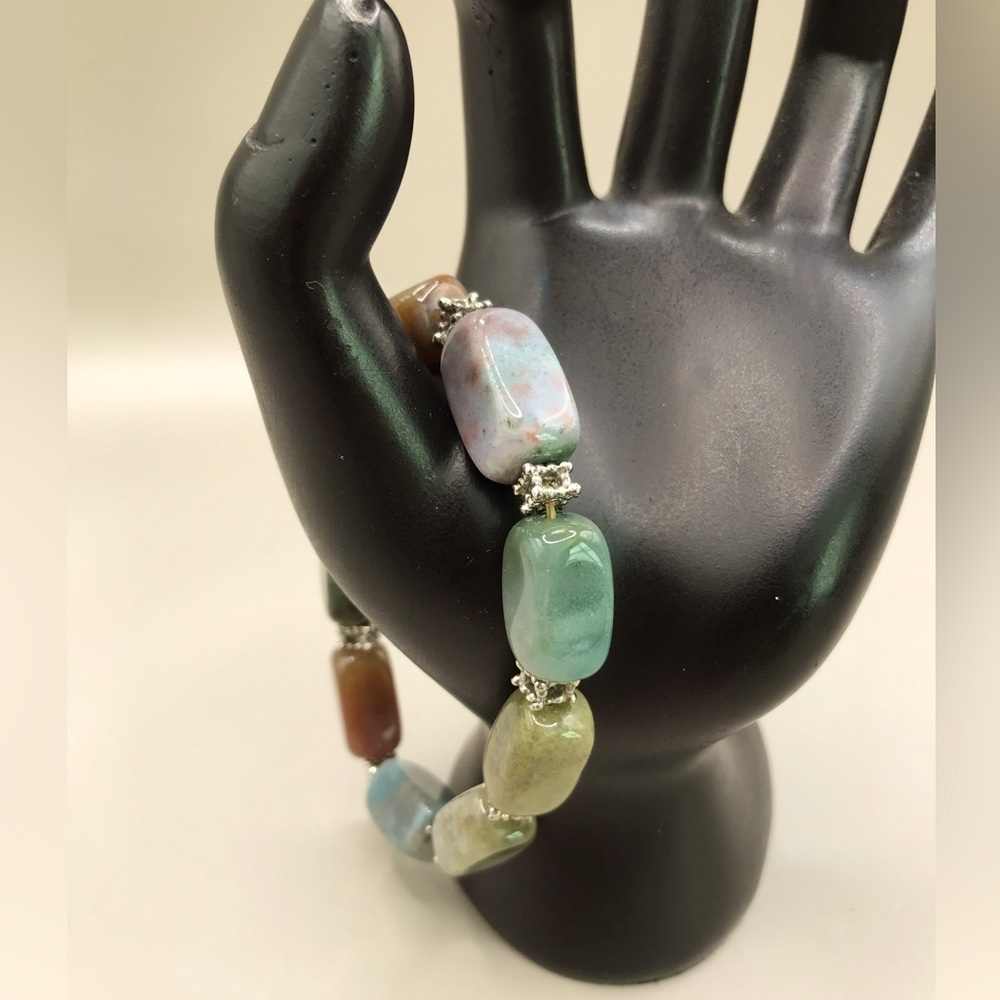 Multicolor Semi Precious Rectangular Beaded Stretch Bracelet